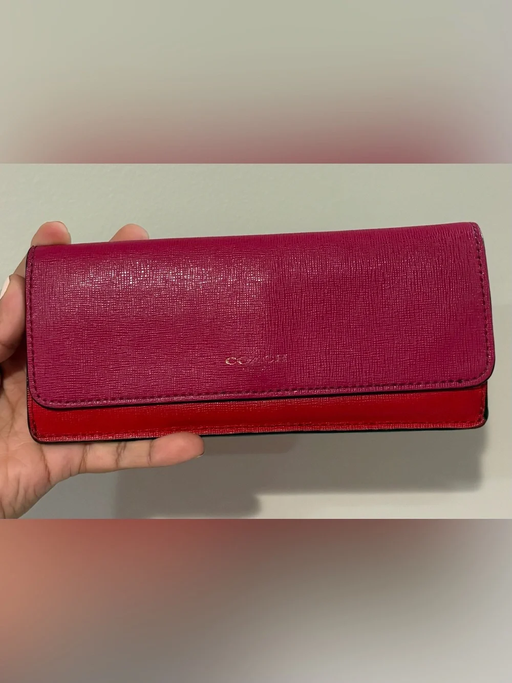 Coach Two Tone Pink And Red Saffiano Leather Slim Wallet